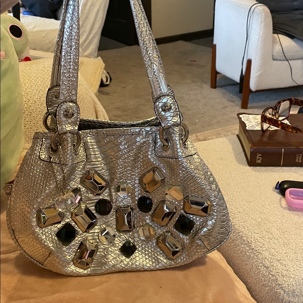 Kathy Van Zeeland Silver Metallic Jeweled Purse